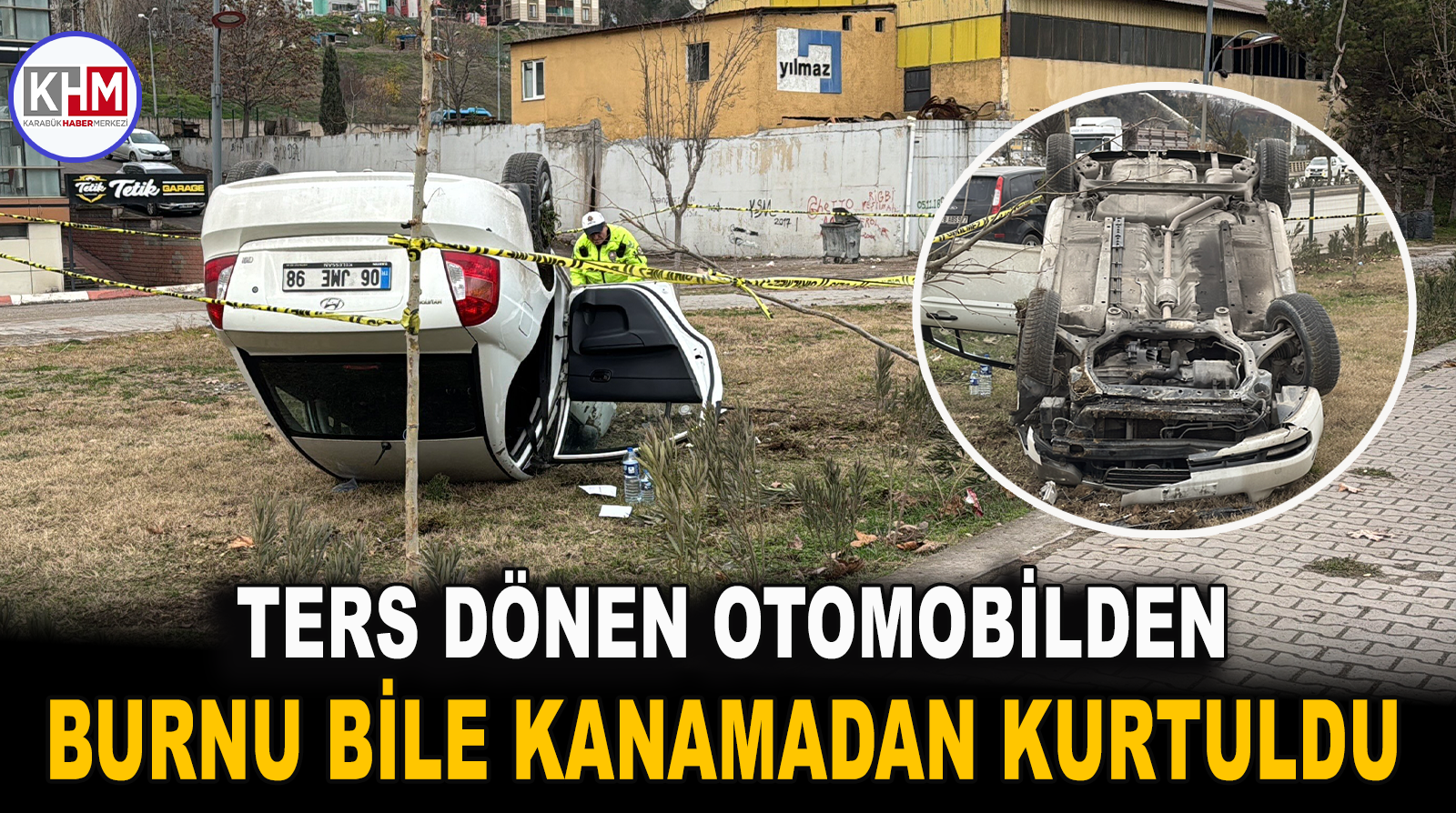 Ters dönen otomobilden burnu bile kanamadan kurtuldu