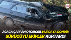 Ağaca çarpan otomobil hurdaya döndü: Sürücüyü ekipler kurtardı